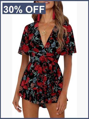Floral Deep V-Neck Romper with Ruffle Hem Waist Tie Short Flare Sleeve